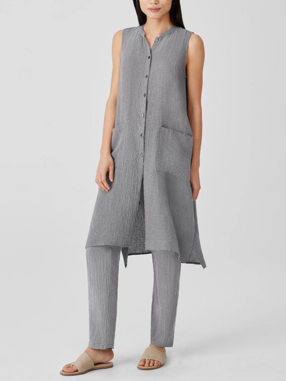 NWT Eileen Fisher Linen Puckered Long Shirt Plaid Grey Organic Size 2/4 Petite